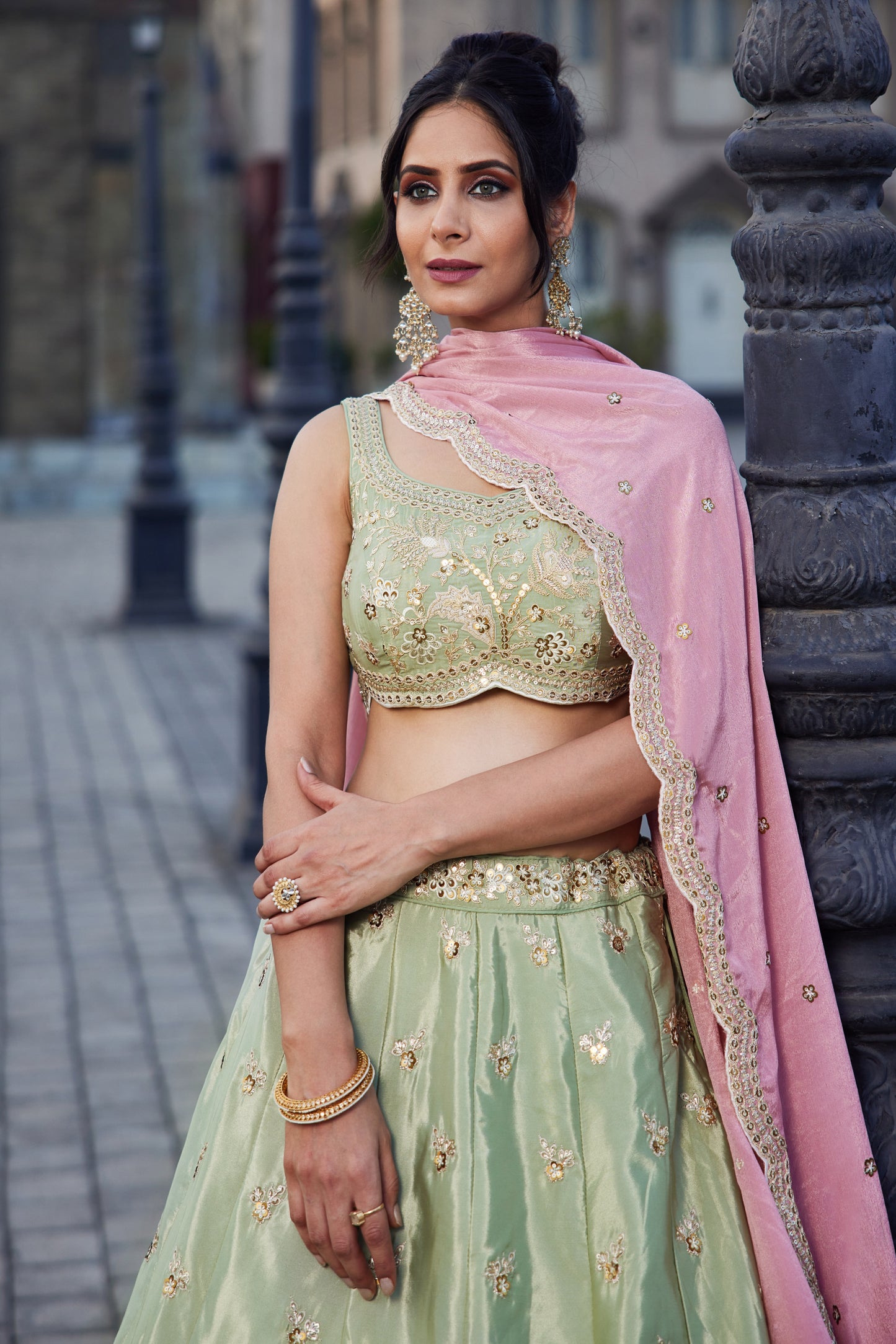 Lime Green Satin Silk Lehenga with Pink Dupatta | Embroidered Sequins & Threadwork - LC2521