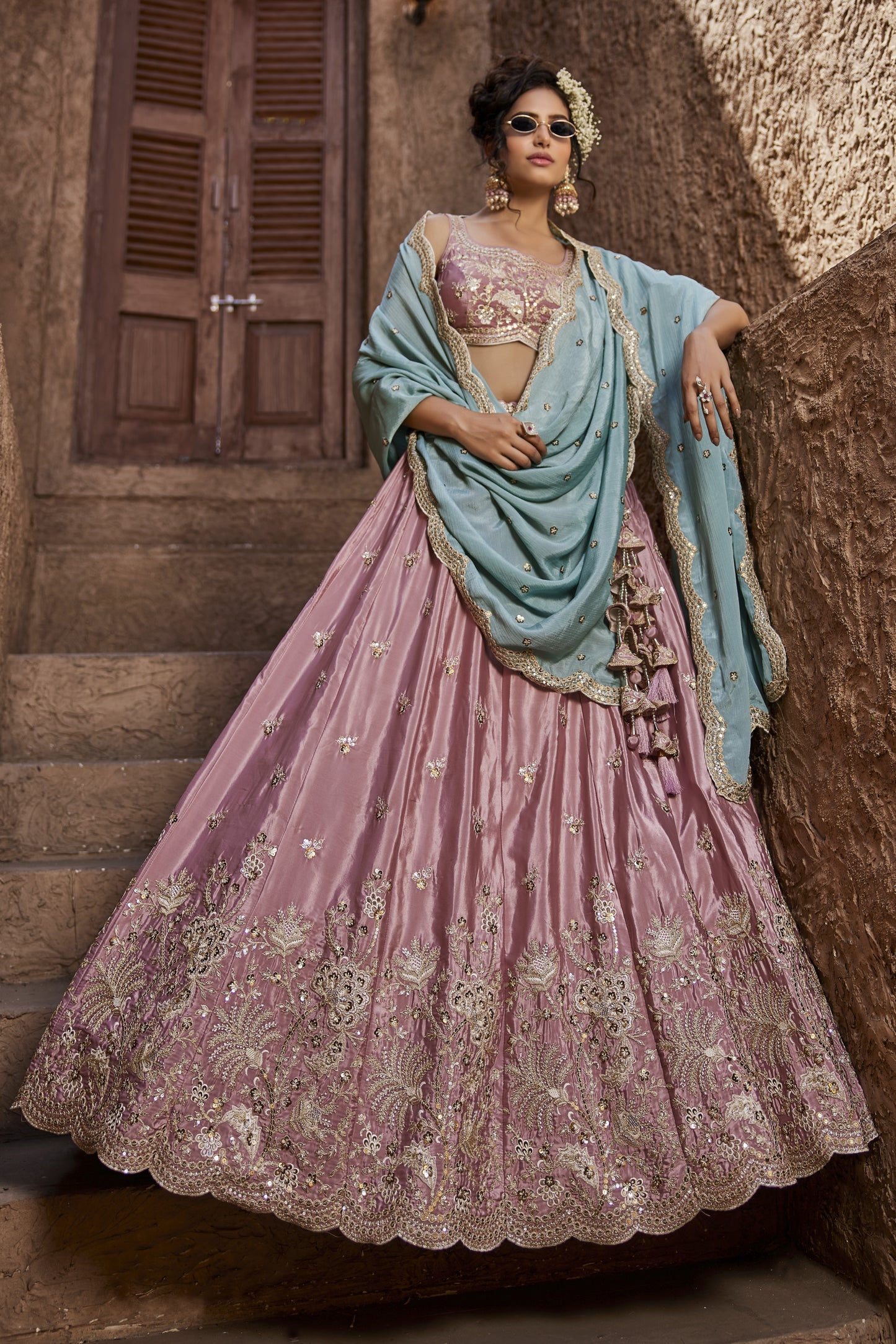 Pink Satin Silk Lehenga with Turquoise Dupatta | Exquisite Sequins & Thread Embroidery - LC2522