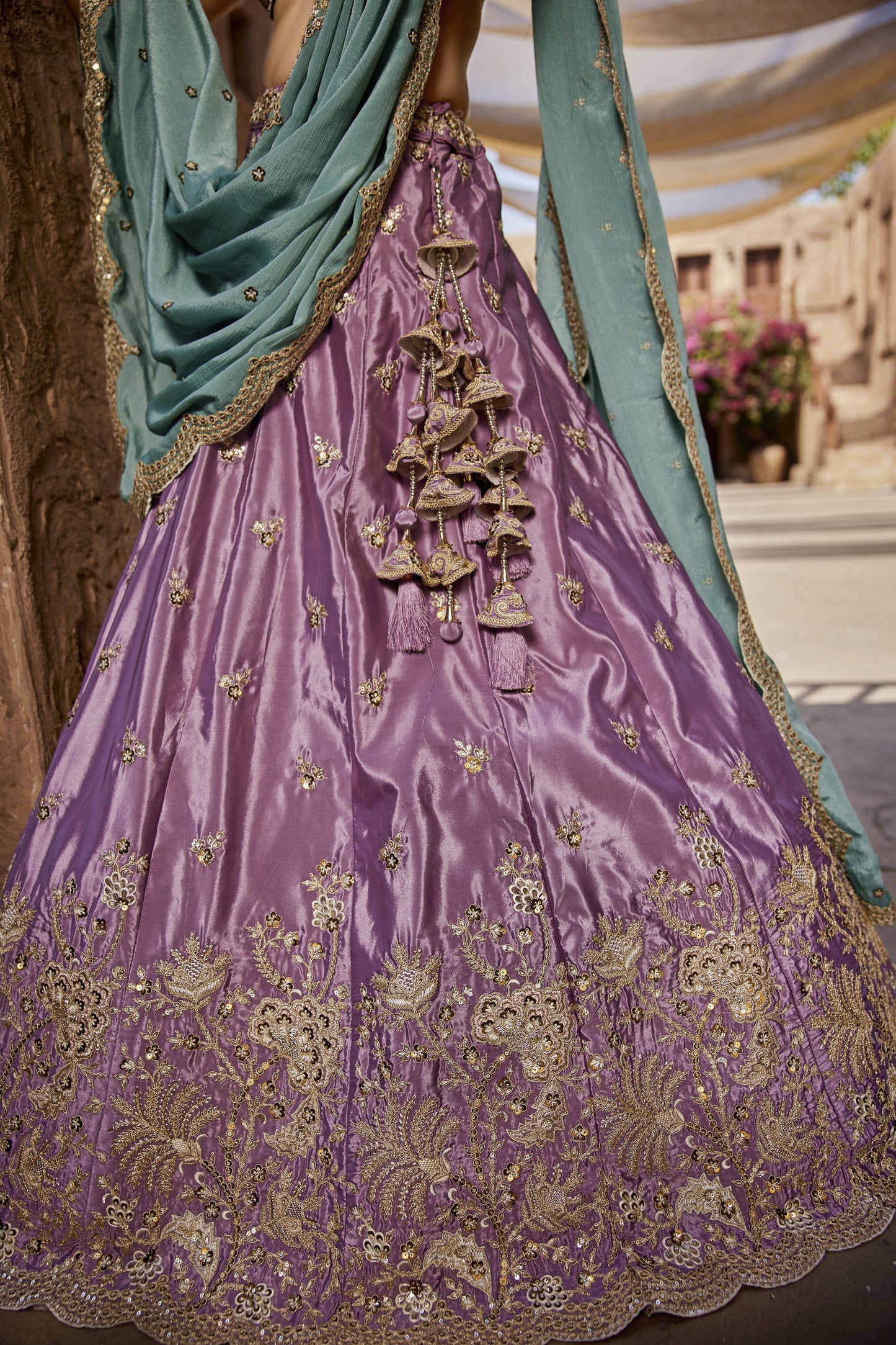 Lavender Satin Silk Lehenga with Turquoise Chiffon Dupatta | Sequins & Thread Embroidery - LC2520