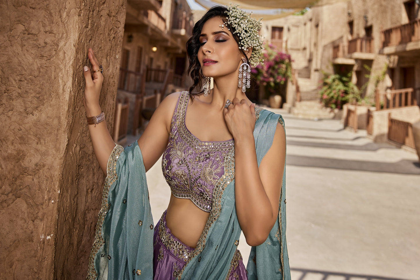 Turquoise Satin Silk Lehenga with Pink Dupatta | Sequins, Coding & Threadwork Embroidery - LC2520