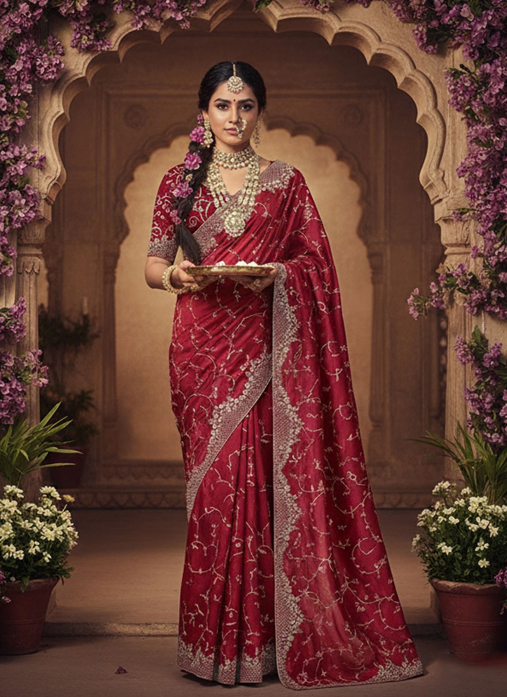 Red Georgette Classic Saree Aari Work, Embroidered S20043