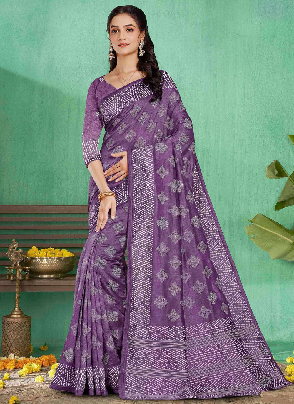 Casual Abstract Print Purple Silk Saree S13214