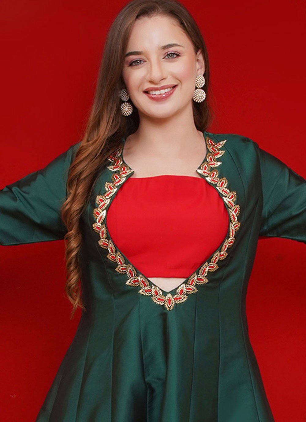 Anarkali Hand Embroidery Green Tafeta Silk T5210
