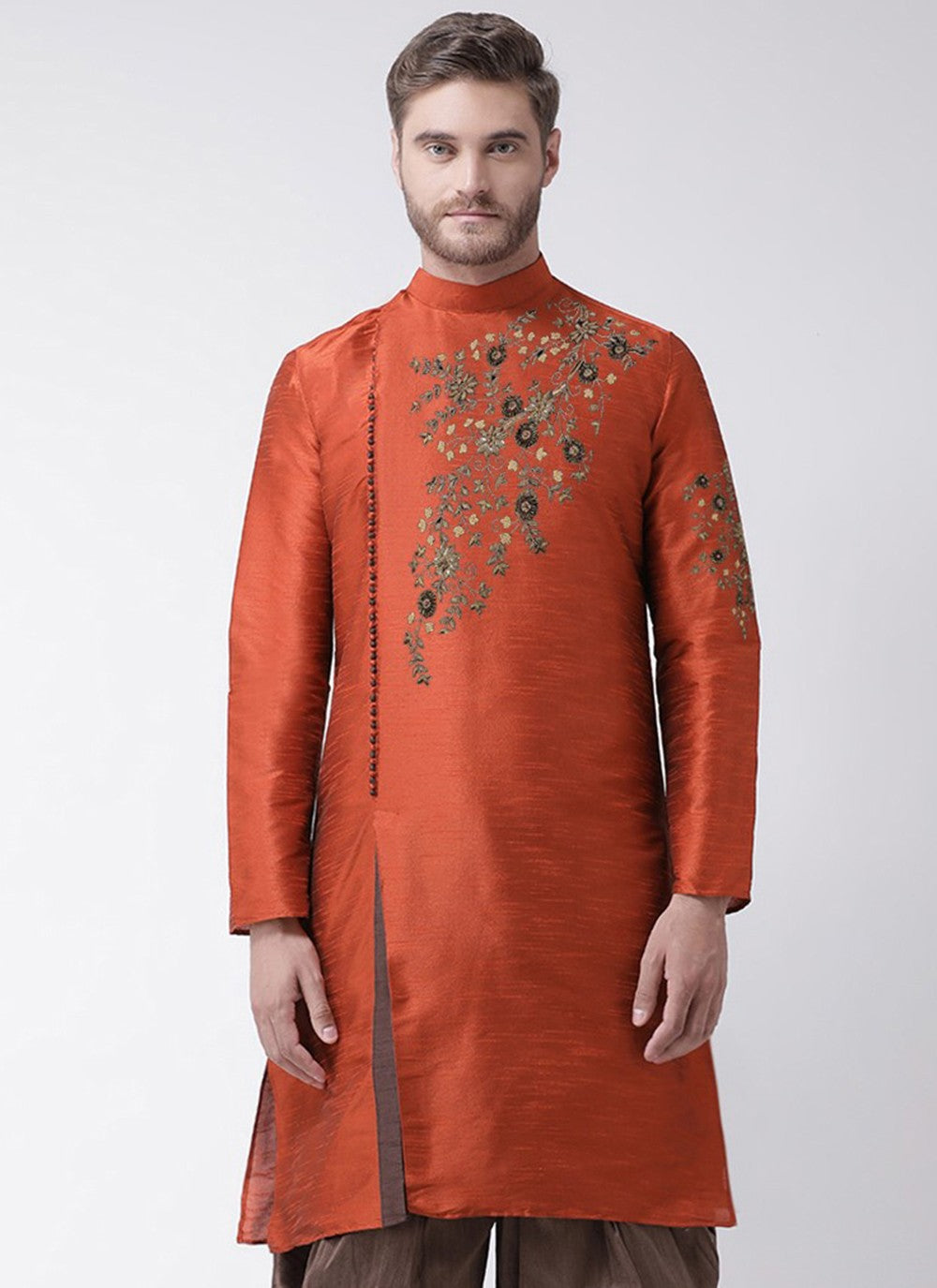 Embroidered Dupion Silk Rust Angrakha - M3187