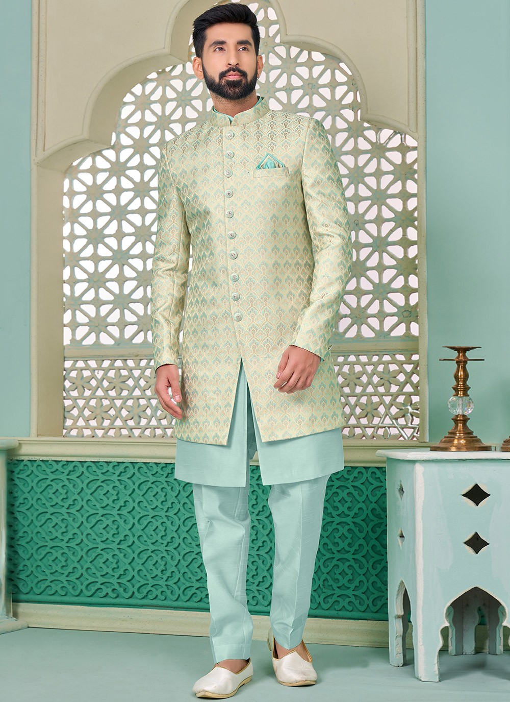 Embroidered Banarasi Silk Aqua Blue, Green Indo Western - M7284