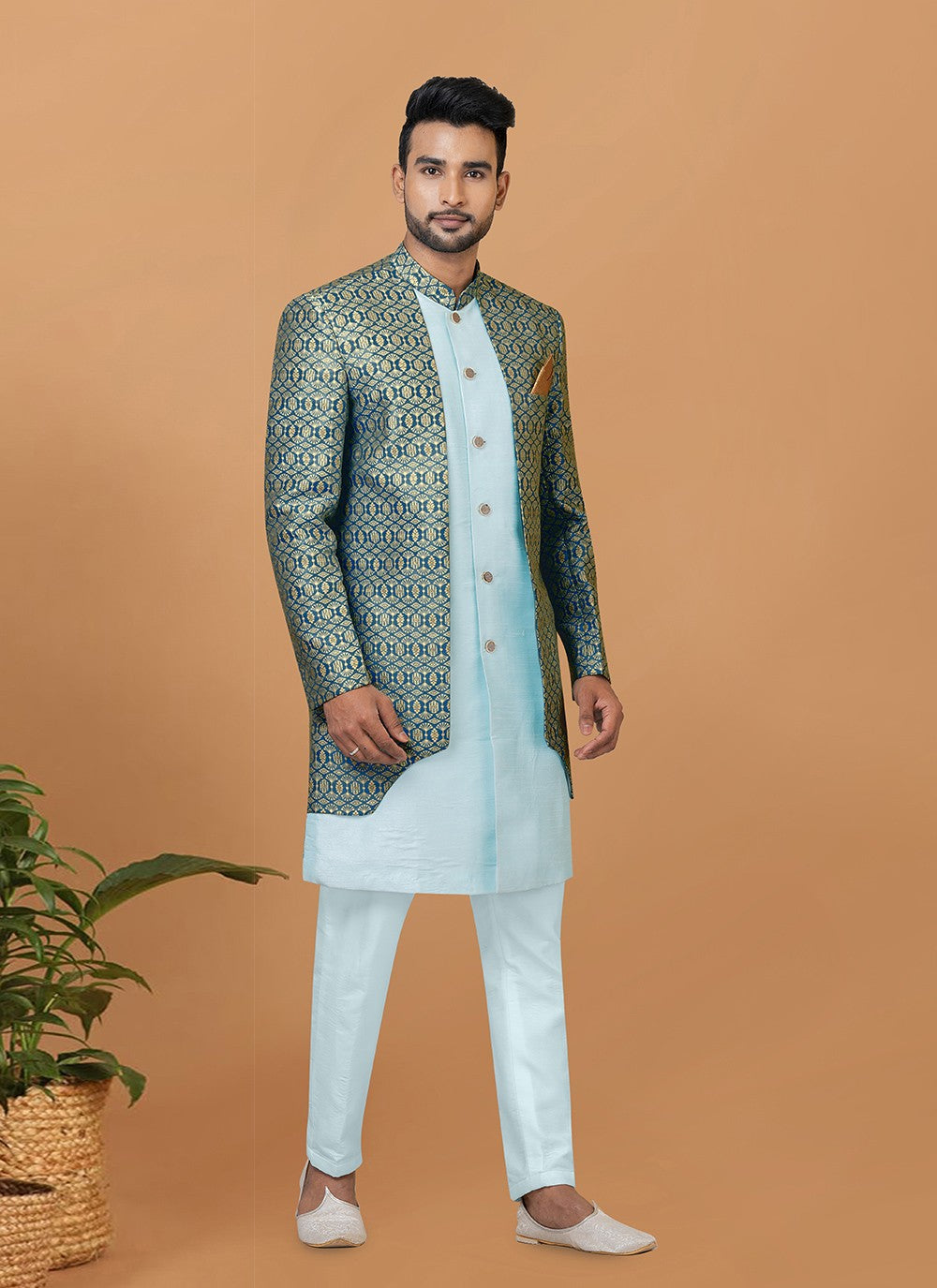 Fancy Work Jacquard Silk Aqua Blue, Green Indo Western - M7724