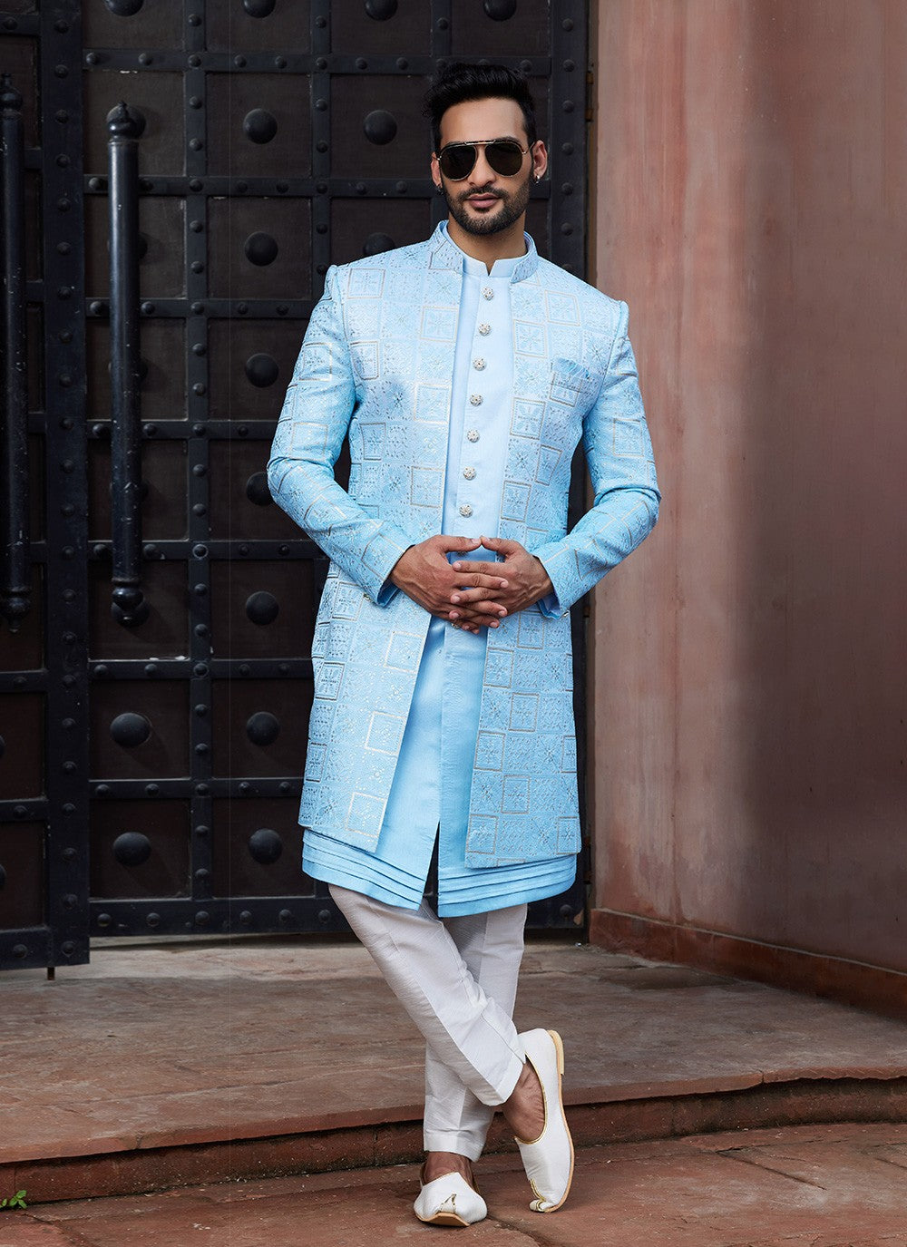 Fancy Work Art Silk Aqua Blue Indo Western Sherwani - M6155