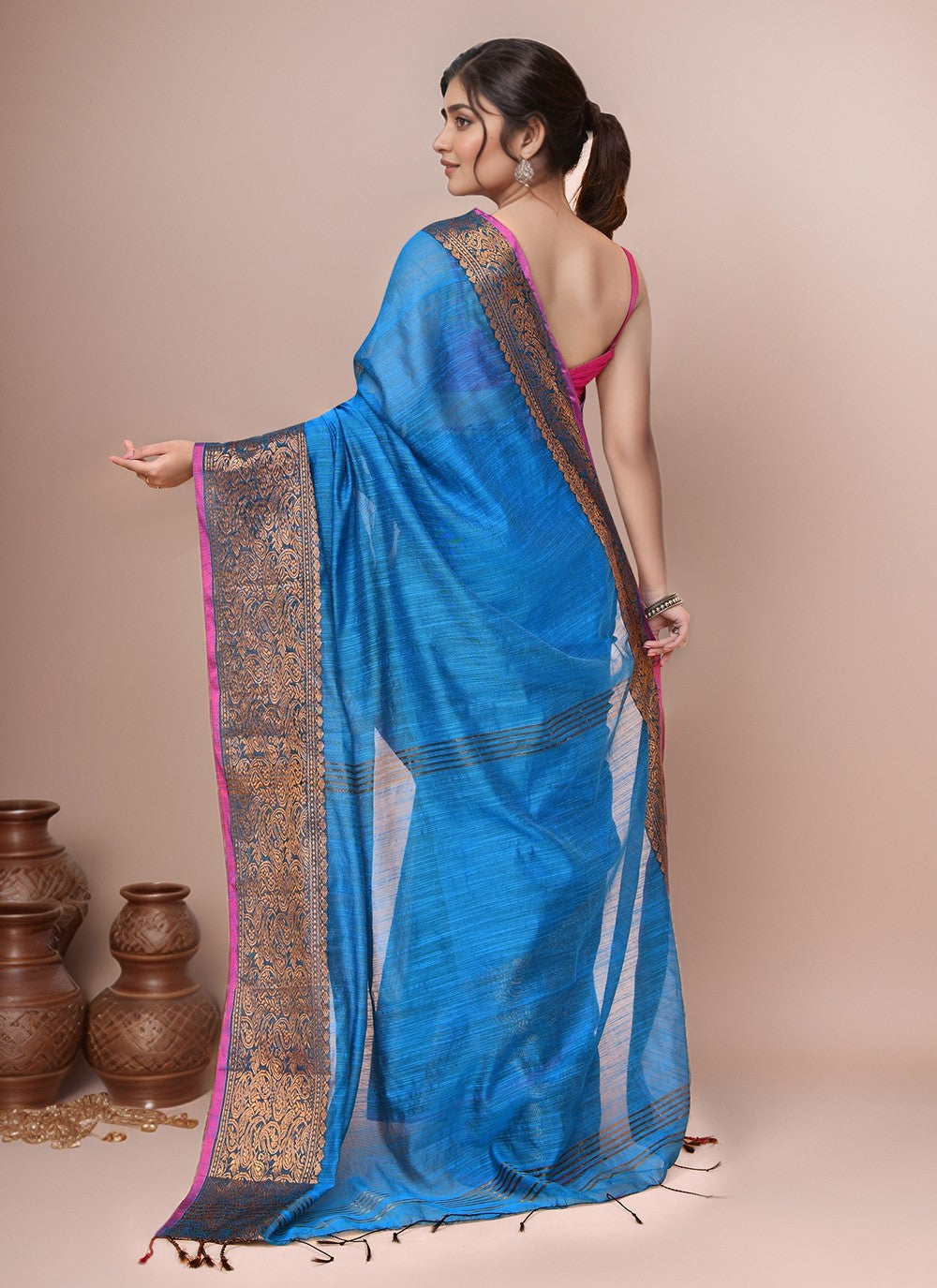 Aqua Blue Blended Cotton Classic Saree Border Work S20016