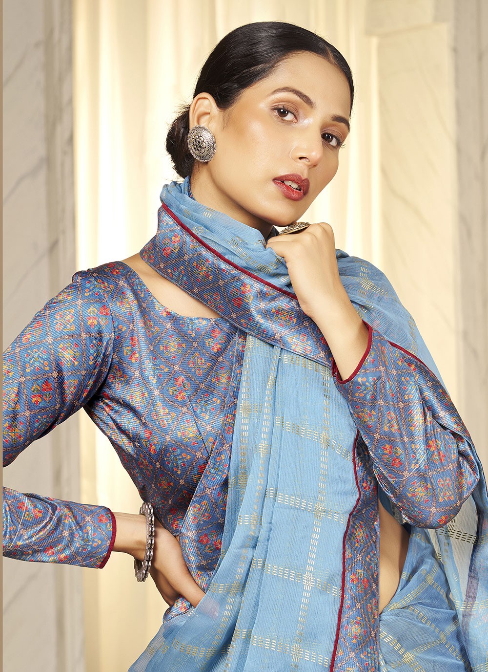 Foliage Prints Chiffon Aqua Blue Contemporary Saree S15269