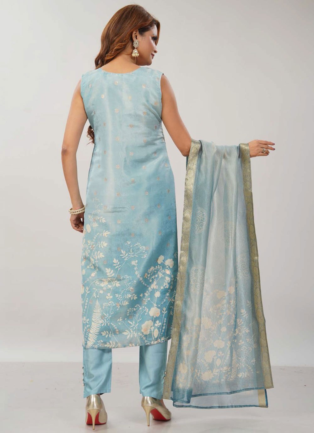 Pant Style Suit Embroidered, Fancy Work, Floral Printed, Zari Aqua Blue T7682
