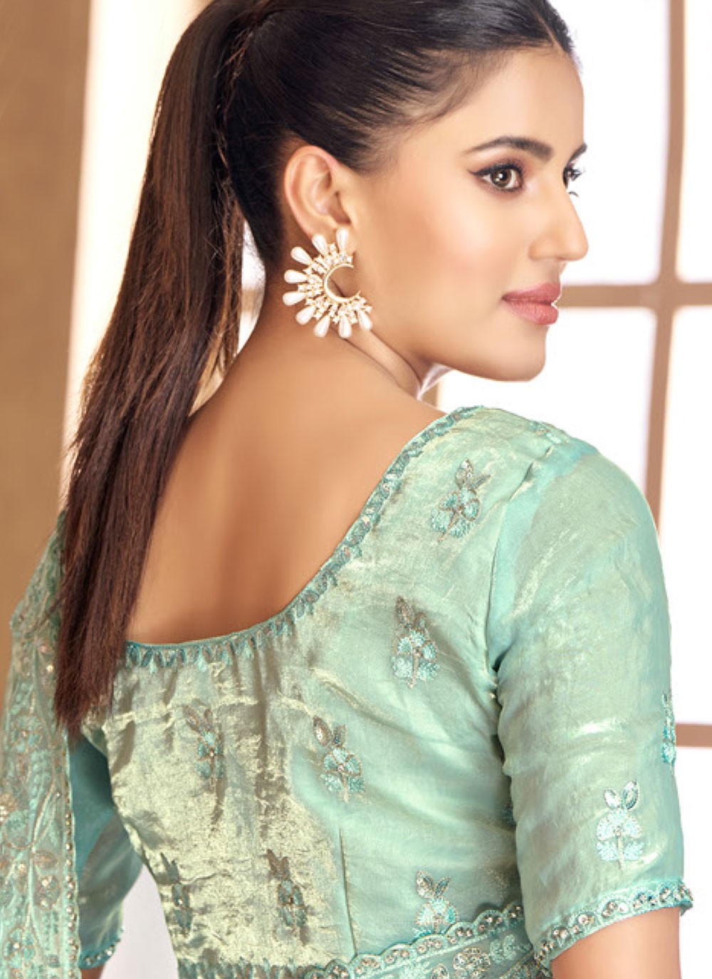 Traditional Cut Work Aqua Blue Satin Saree S13355