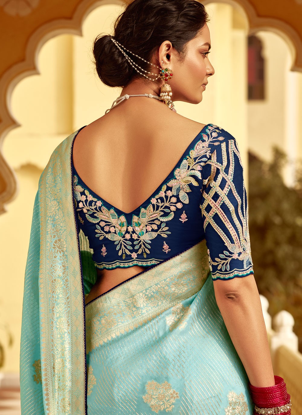 Weaving Zari Pure Dola Aqua Blue Saree S14219