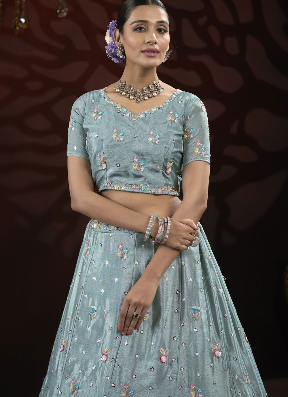 Embroidered Net Aqua Blue Lehenga - L3216