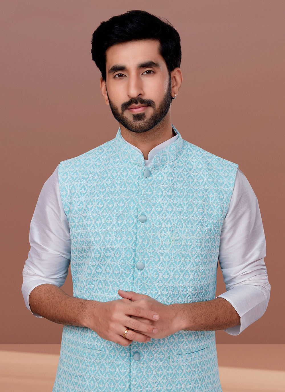 Embroidered Georgette Aqua Blue Nehru Jackets - M7376