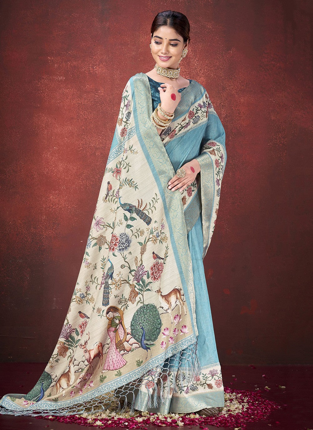 Aqua Blue Silk Trendy Saree Printed, Zari S19632