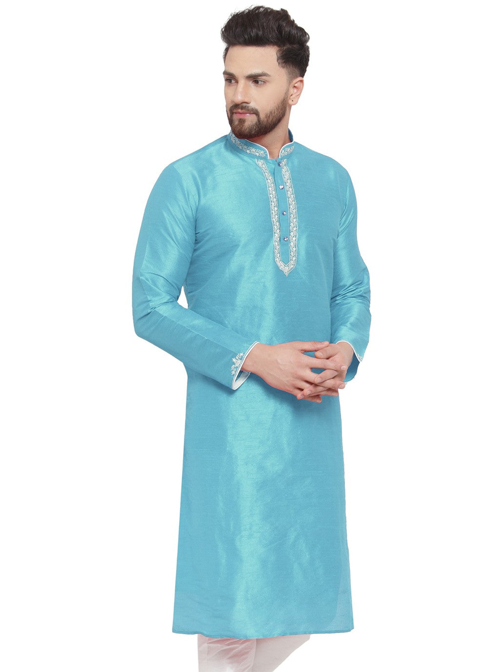 Embroidered Dupion Silk Aqua Blue Kurta - M7329