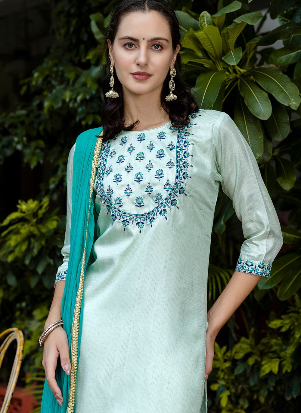 Pant Style Suit Embroidered Aqua Blue T7138