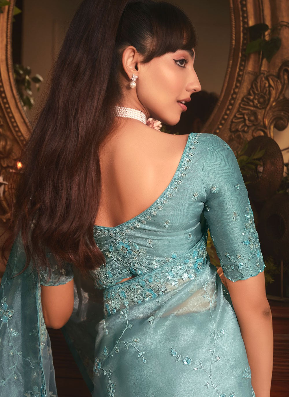 Aqua Blue Organza Designer Saree Border Work, Cut Work, Embroidered, Sequins, Zari S19410
