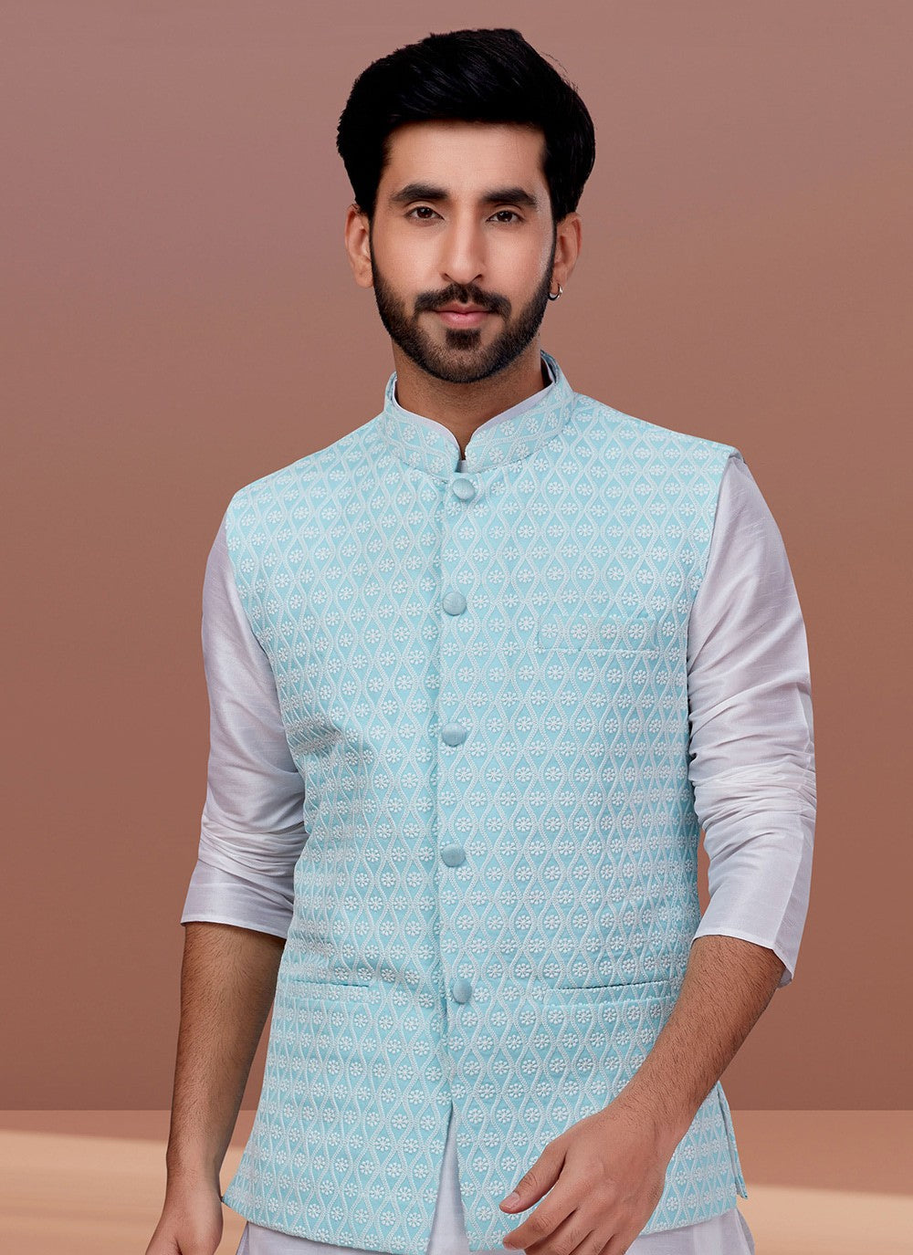 Embroidered Georgette Aqua Blue Nehru Jackets - M7379
