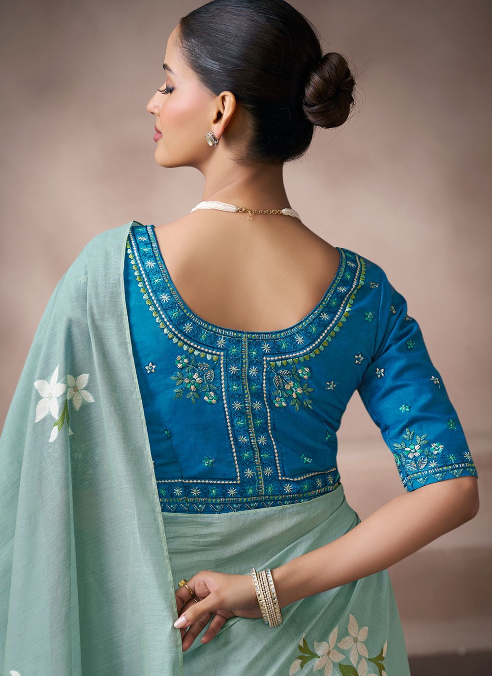 Aqua Blue Cotton Trendy Saree Fancy Work S19862