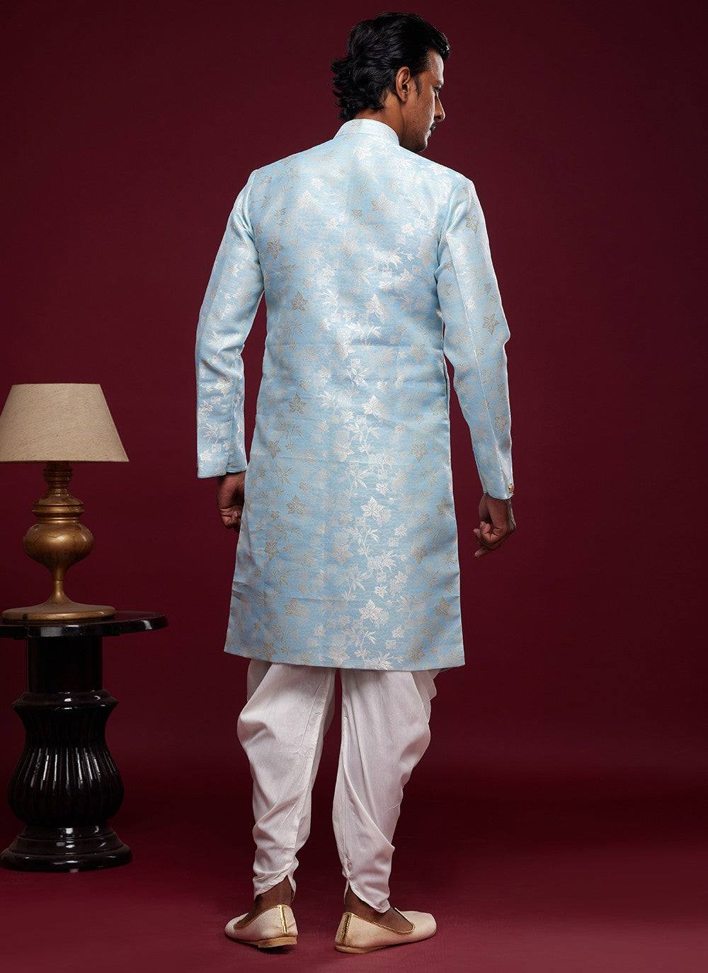 Fancy Work Banarasi Jacquard Aqua Blue Indo Western Sherwani - M5784