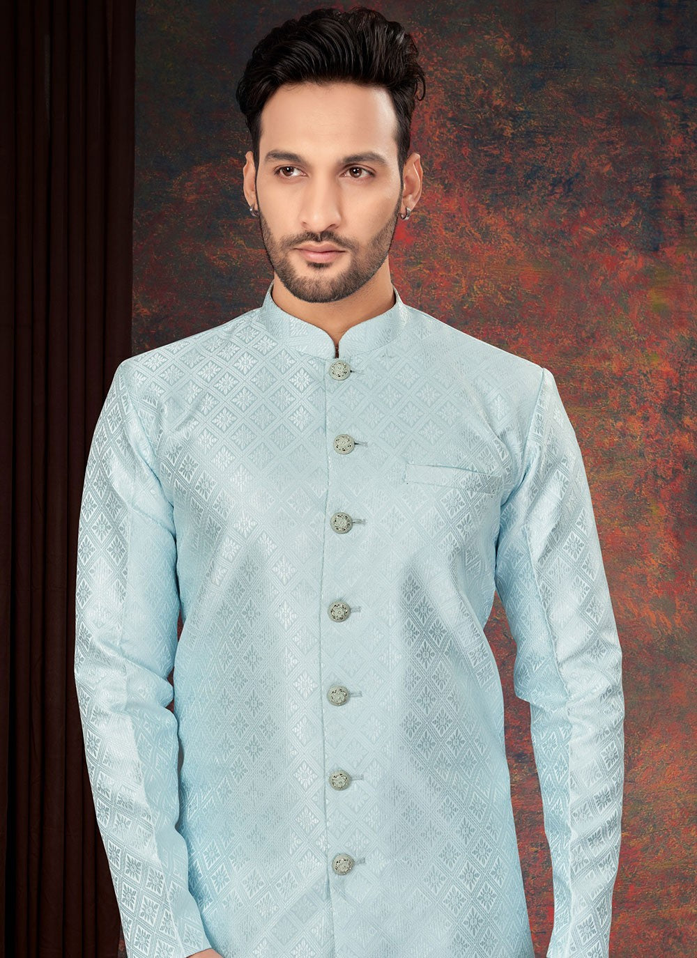 Fancy Work Jacquard Aqua Blue Indo Western - M7202