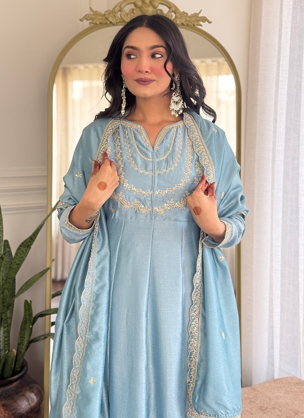 Pant Style Suit Embroidered, Zari Aqua Blue T7317