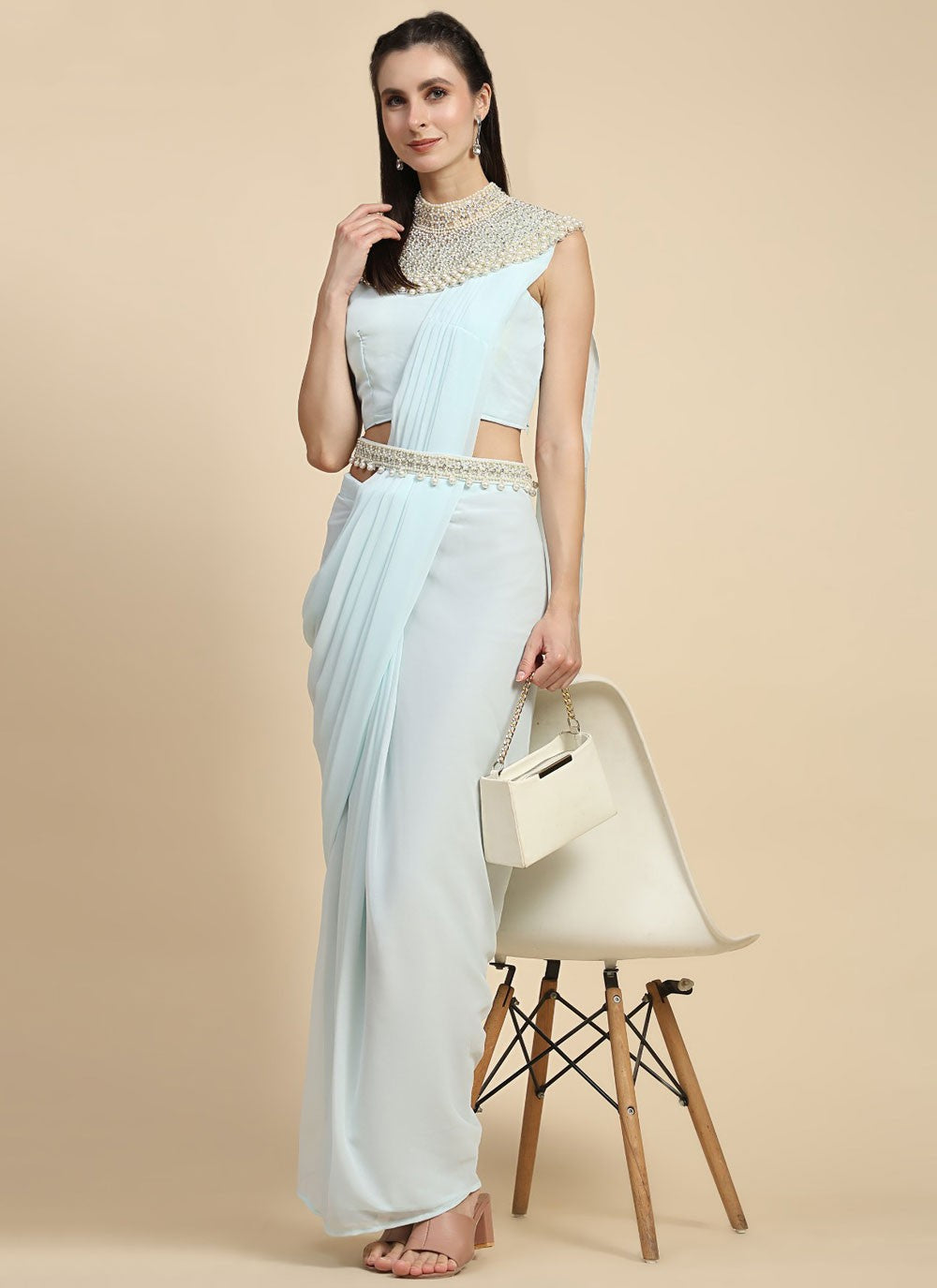 Classic Saree Plain Aqua Blue Georgette Saree S12594