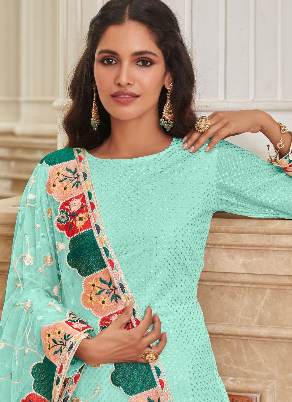Pant Style Suit Embroidered, Sequins, Thread Aqua Blue T6976