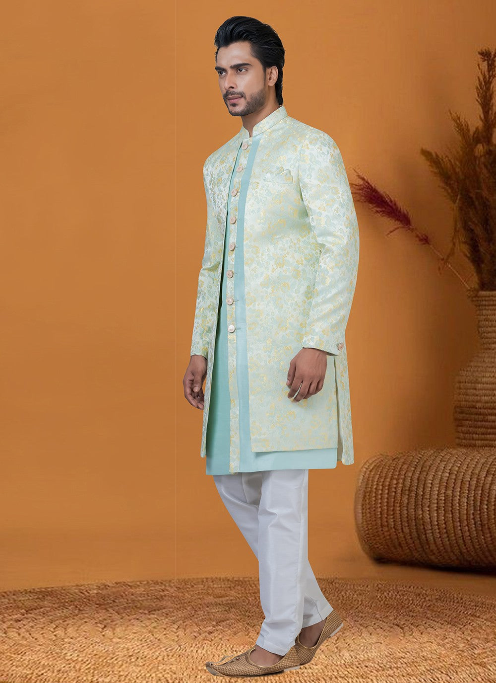 Jacquard Work Jacquard Silk Aqua Blue Indo Western - M8415