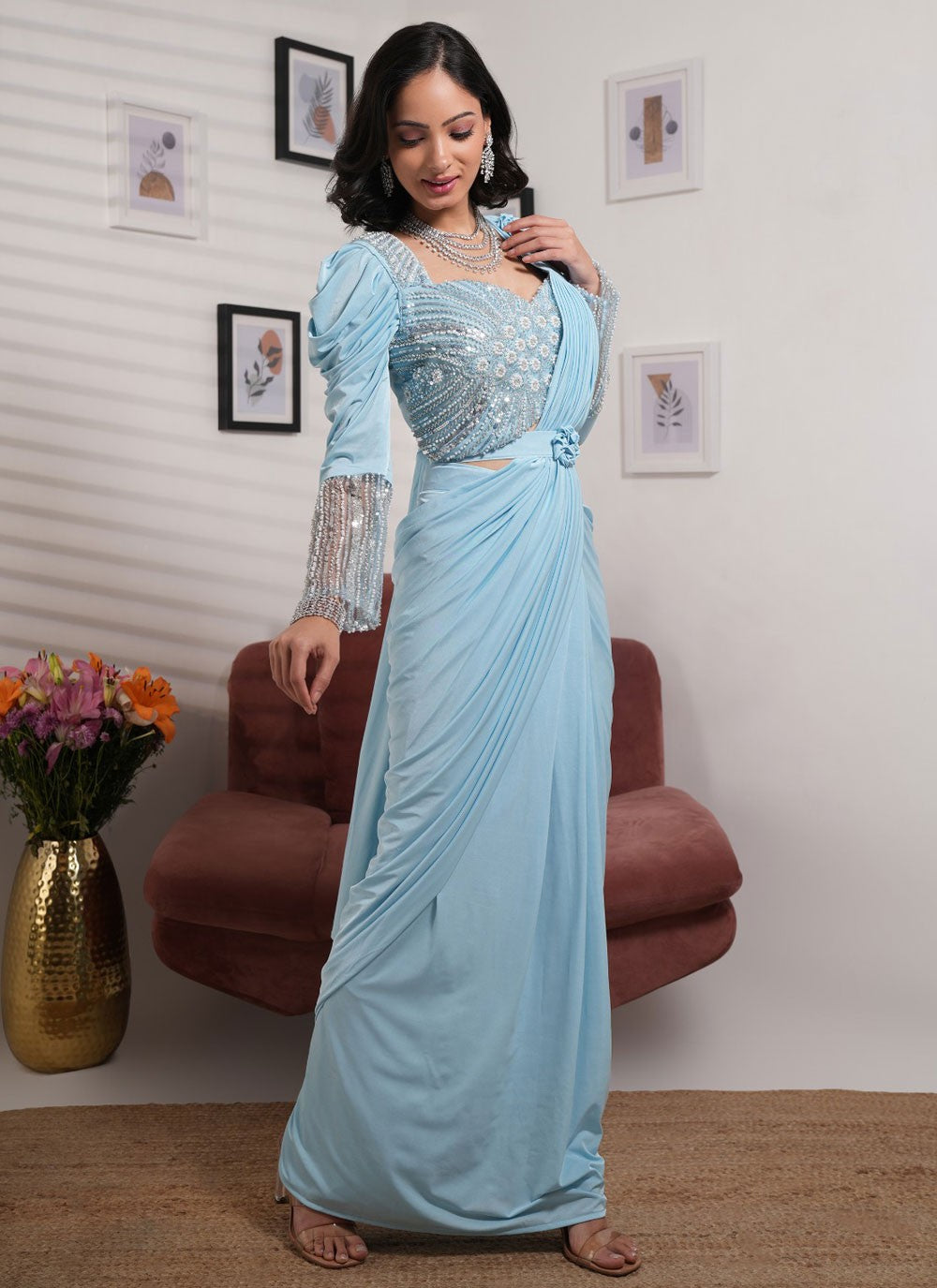 Classic Saree Embroidered Aqua Blue Lycra Saree S13159