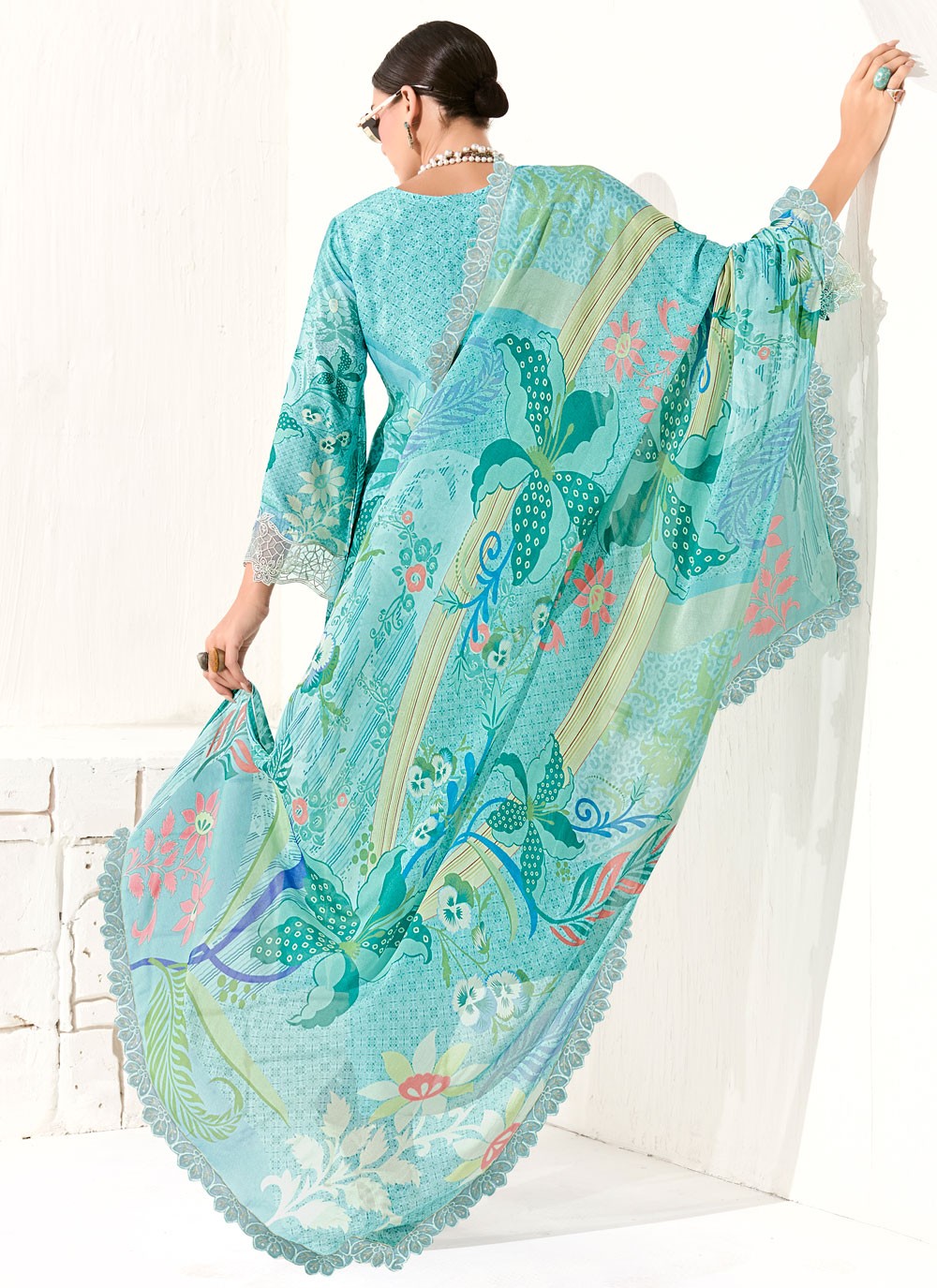 Pant Style Suit Digital Print, Embroidered, Patch, Resham Aqua Blue T7909