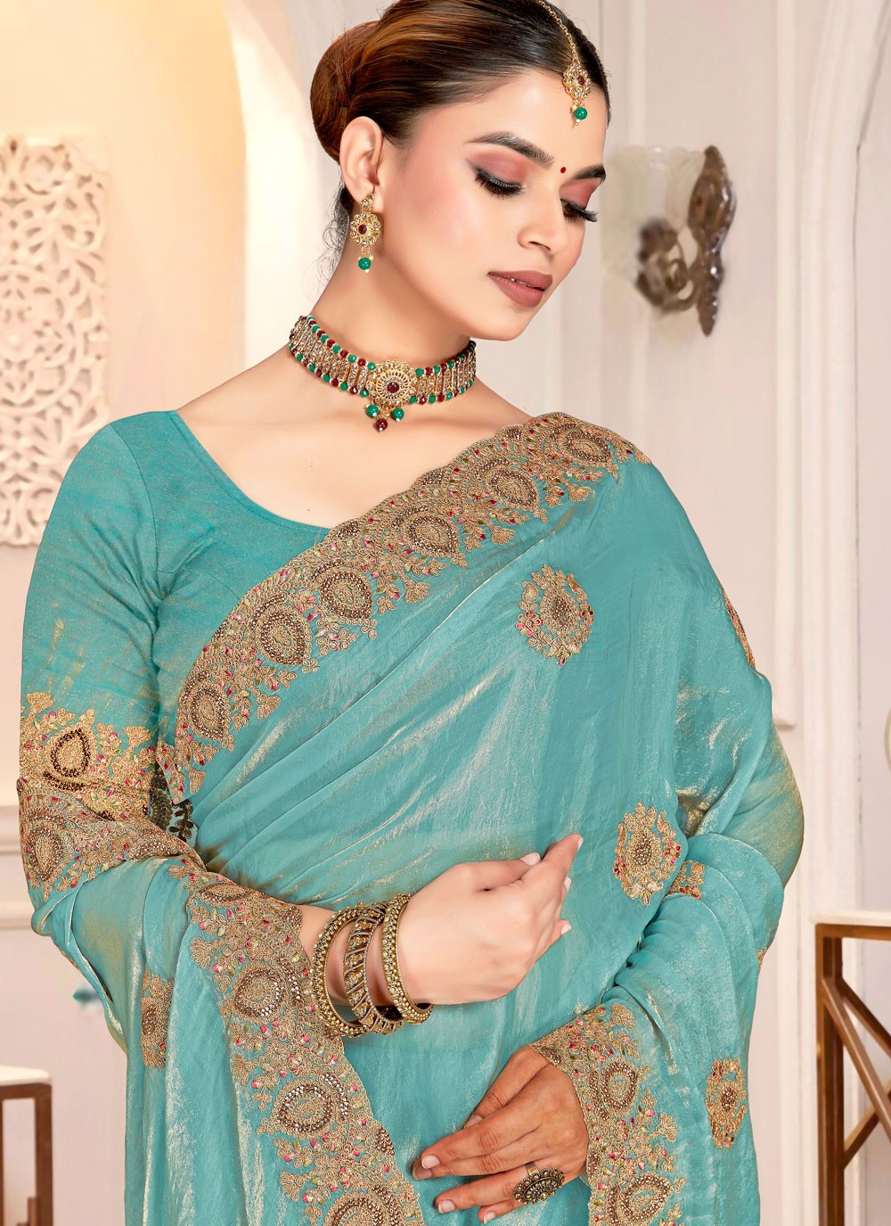 Aqua Blue Satin Silk Traditional Saree Cord, Embroidered S20218