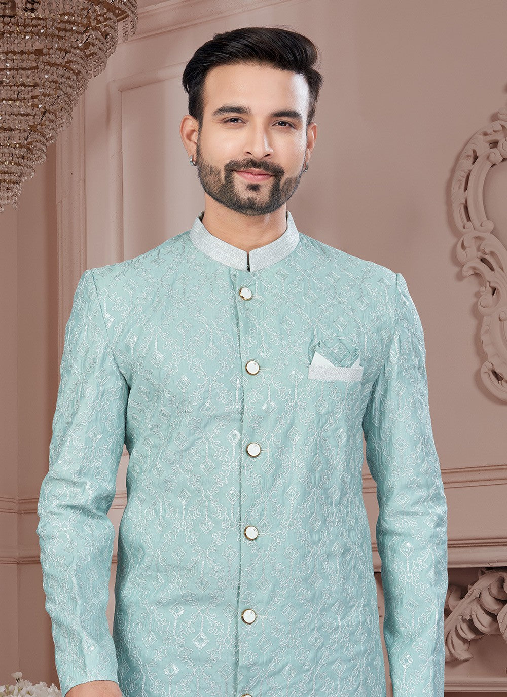 Machine Embroidery Silk Aqua Blue Sherwani - M8619