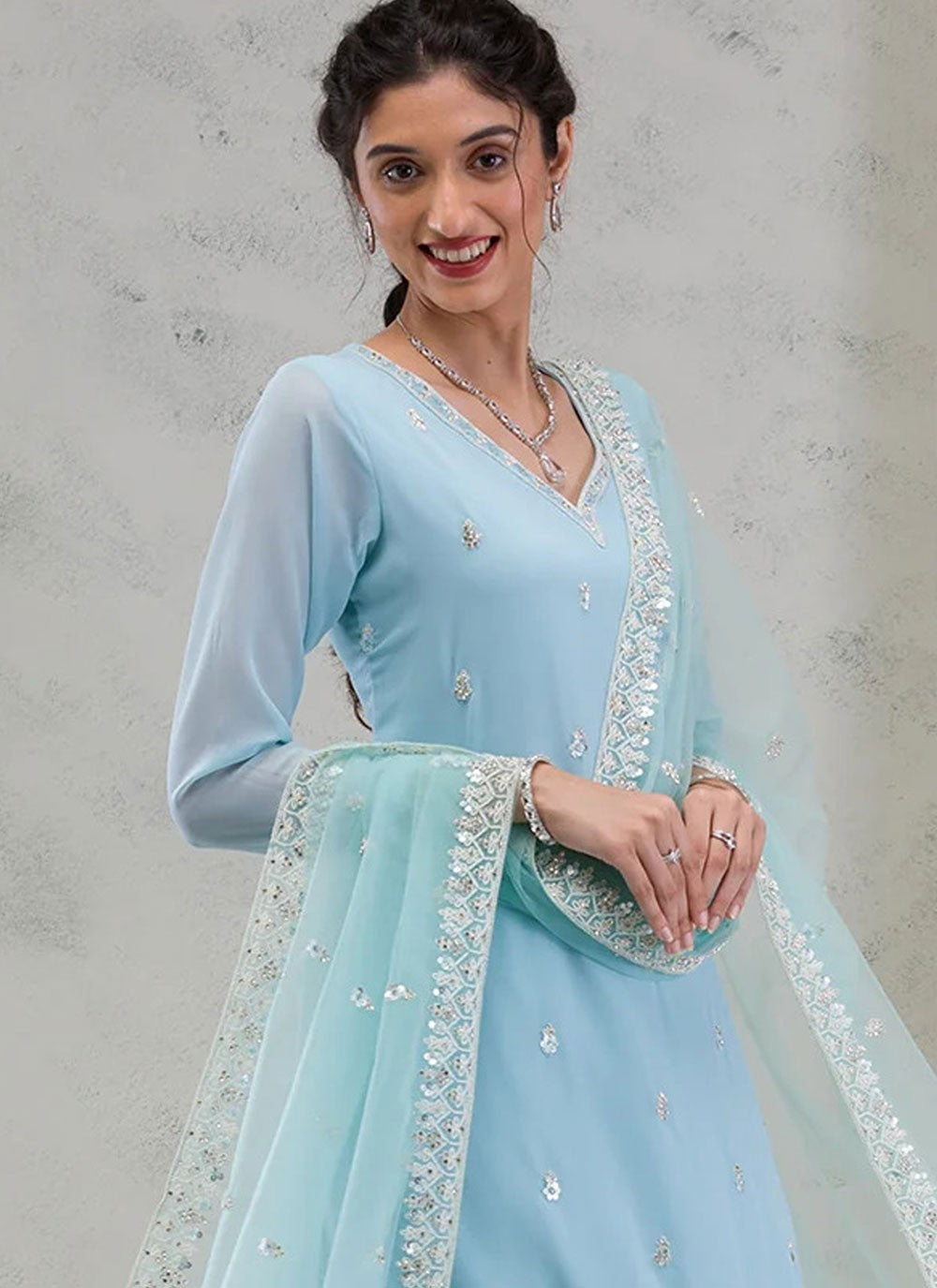 Salwar Suit Embroidered Aqua Blue Georgette T5533
