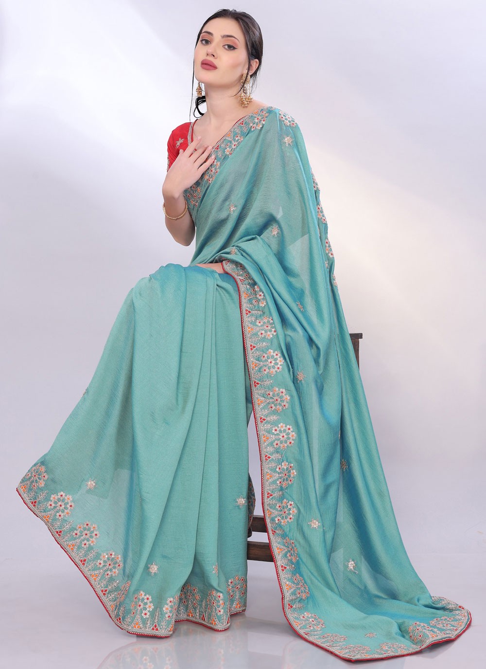 Embroidered Silk Aqua Blue Saree S13823