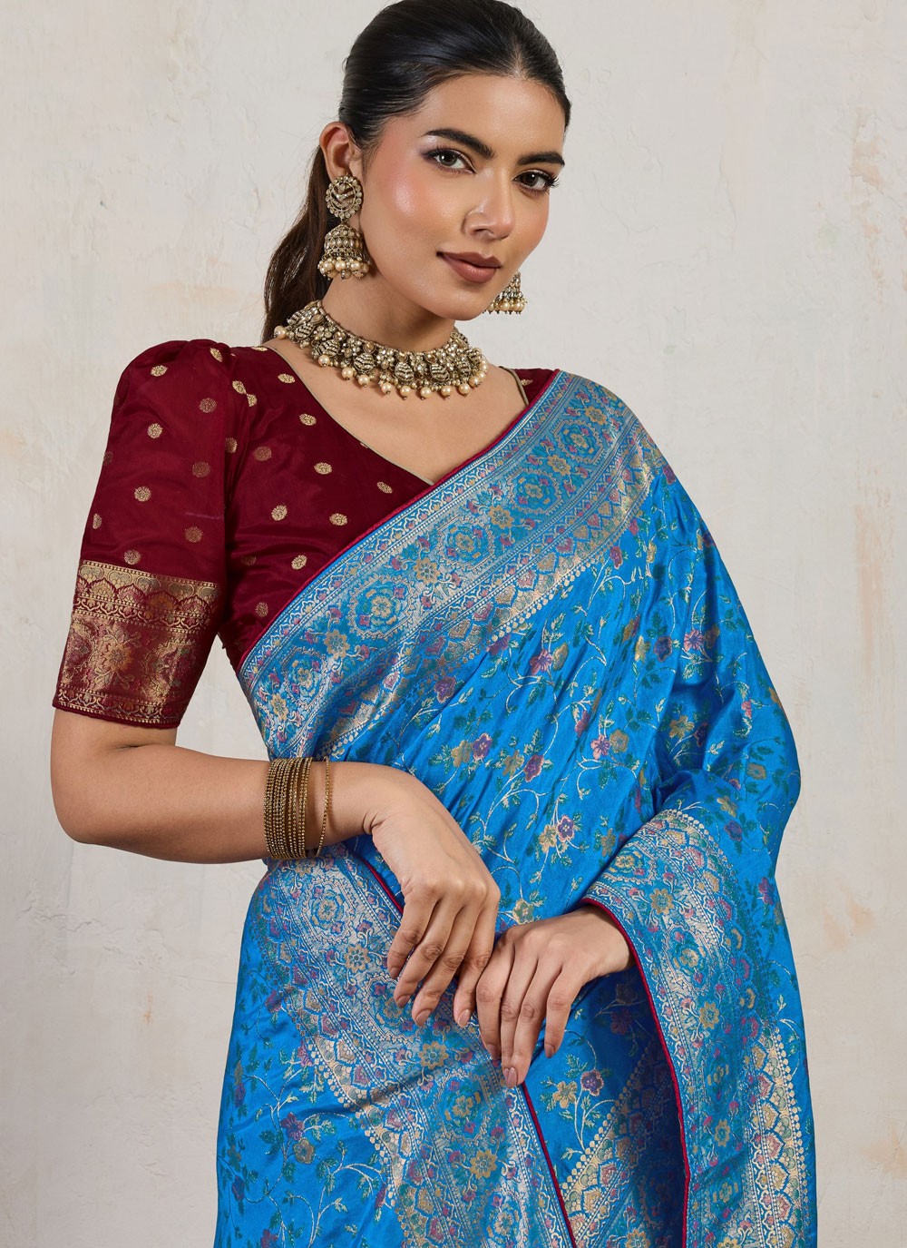 Aqua Blue Silk Contemporary Saree Weaving Zari S19975