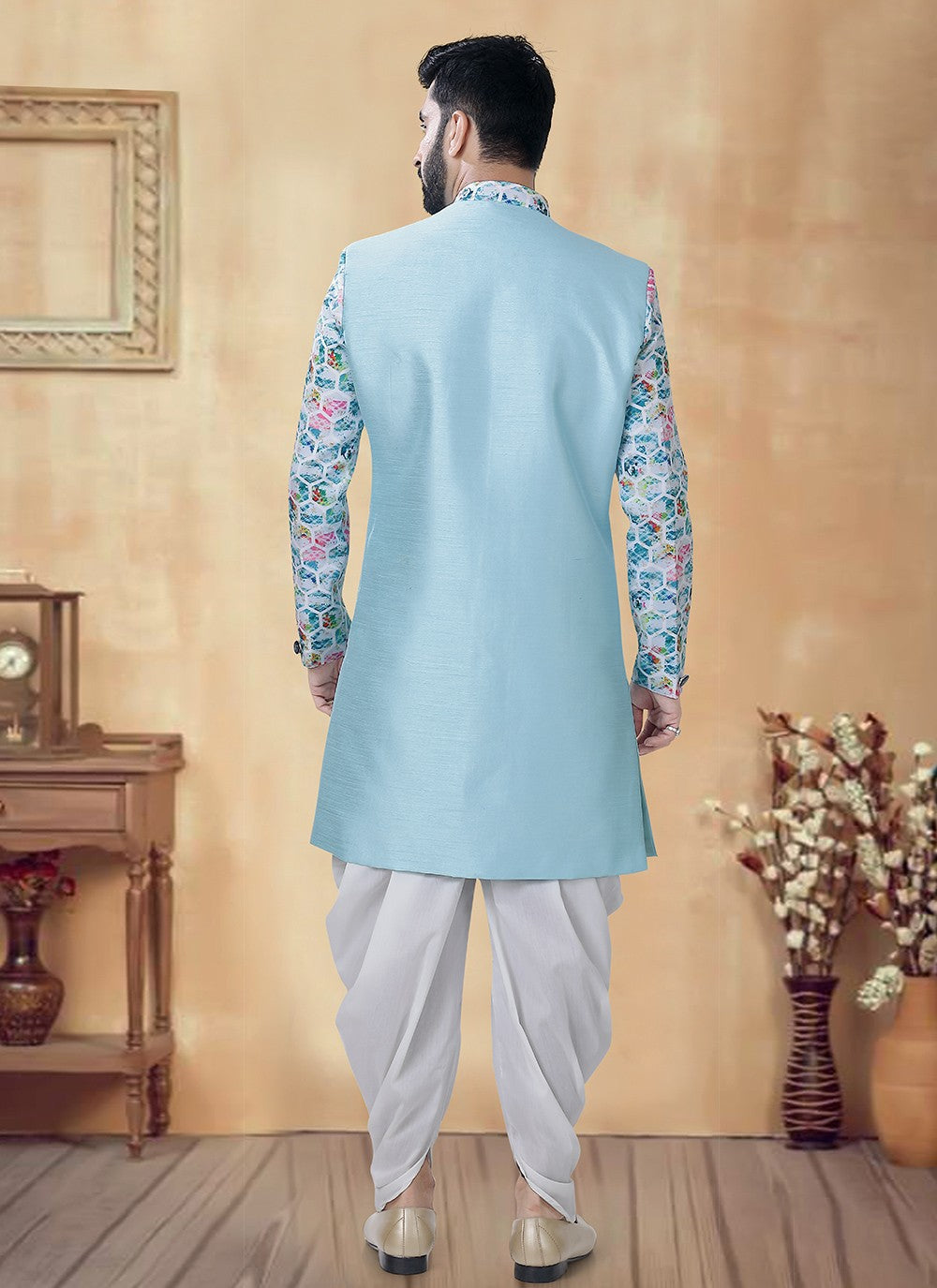 Printed Silk Aqua Blue Sherwani - M8526