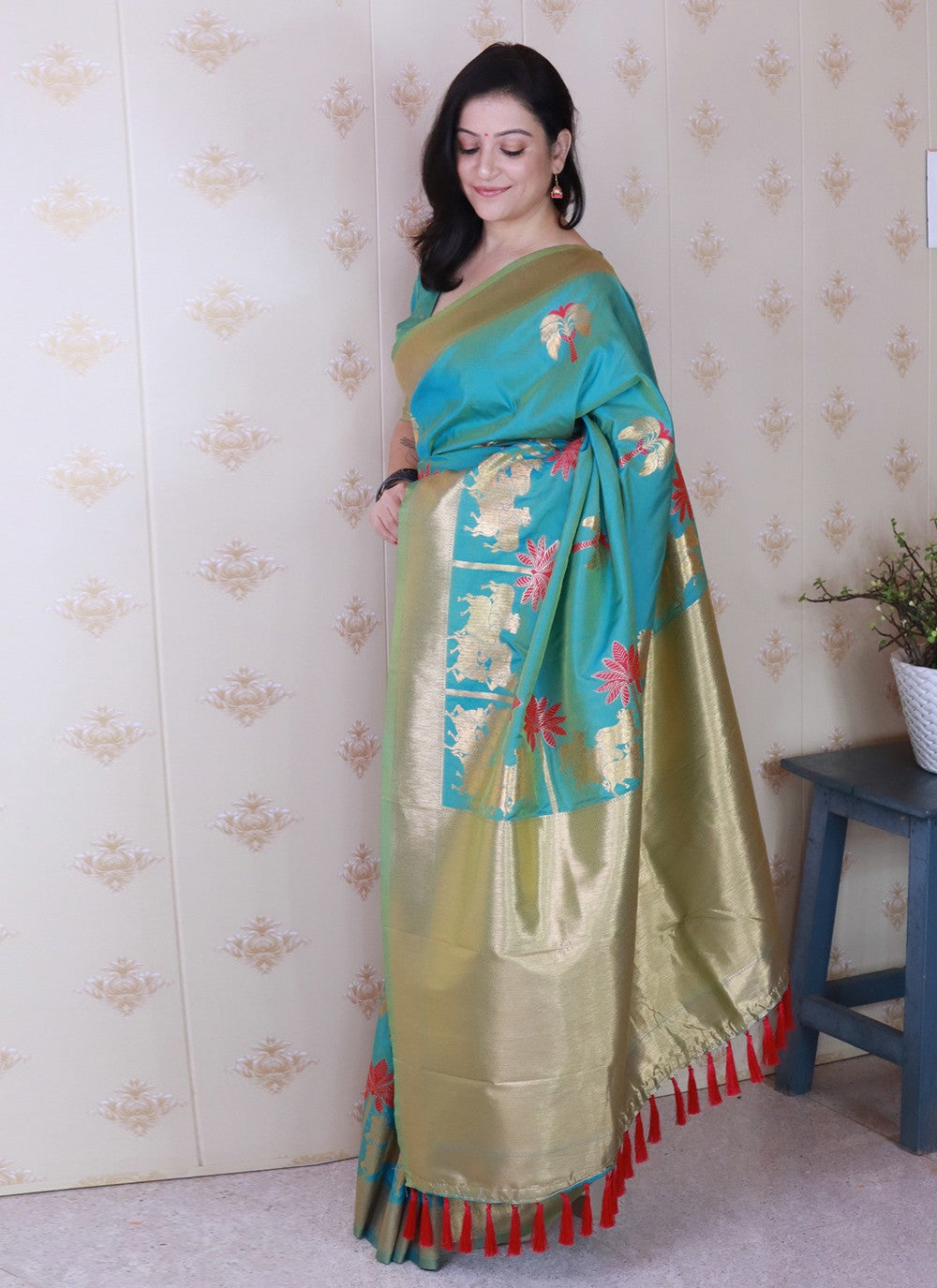 Aqua Blue Silk Contemporary Saree Meenakari, Woven S19475