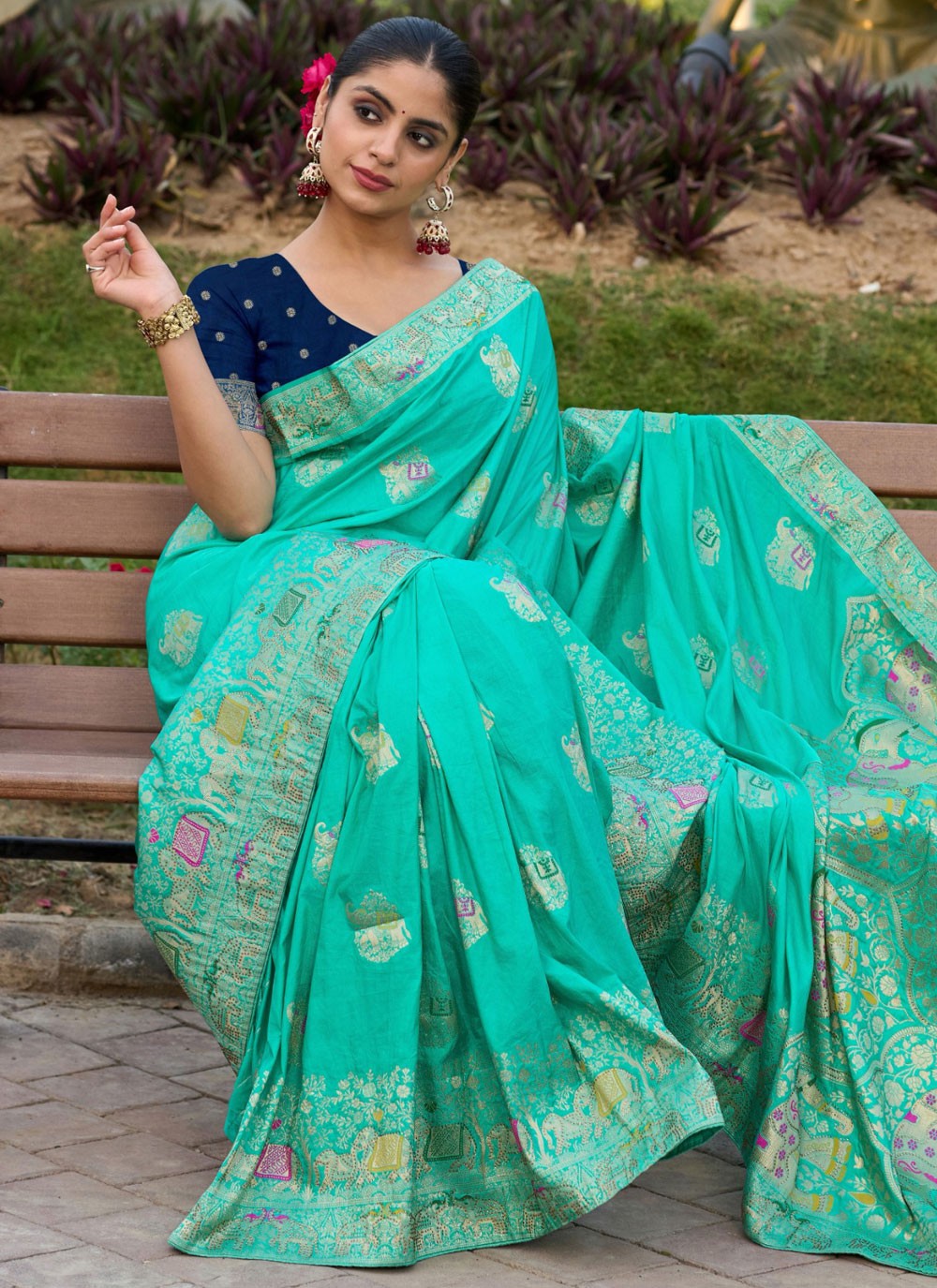 Swarovski Silk Aqua Blue Designer Saree S15100