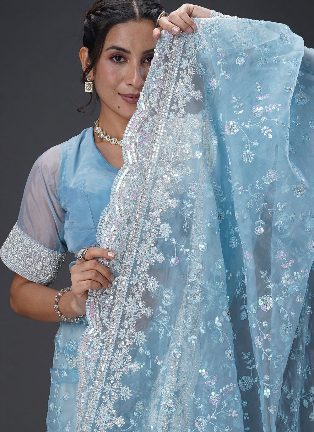 Cut Work Organza Aqua Blue Classic Saree S15470