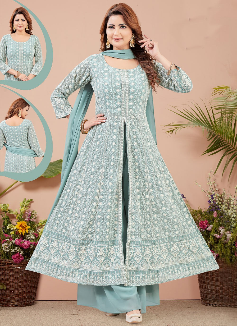 Salwar Suit Weaving Zari Aqua Blue Georgette T5223
