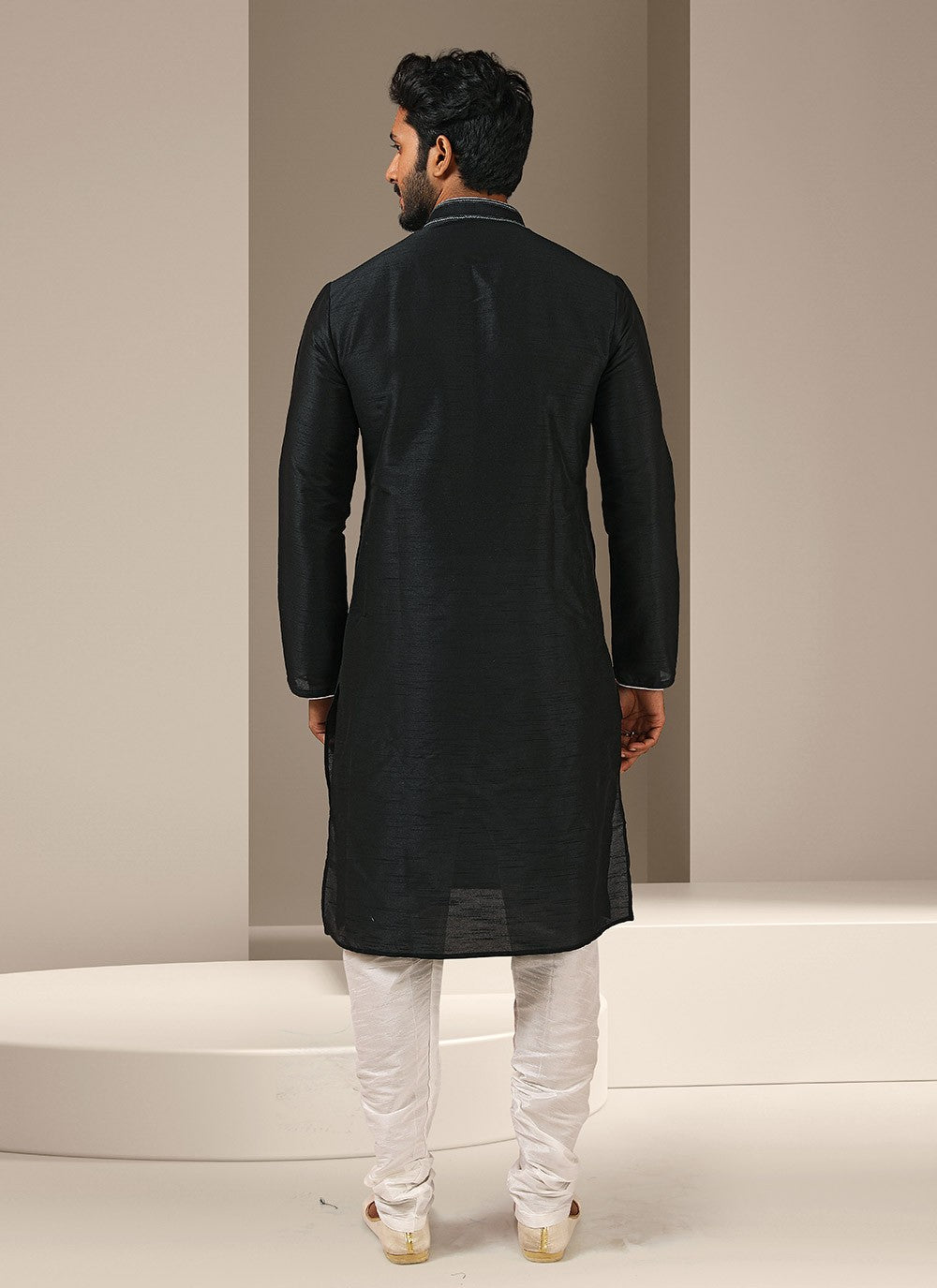 Embroidered Banarasi Silk Black Kurta Pyjama - M3248
