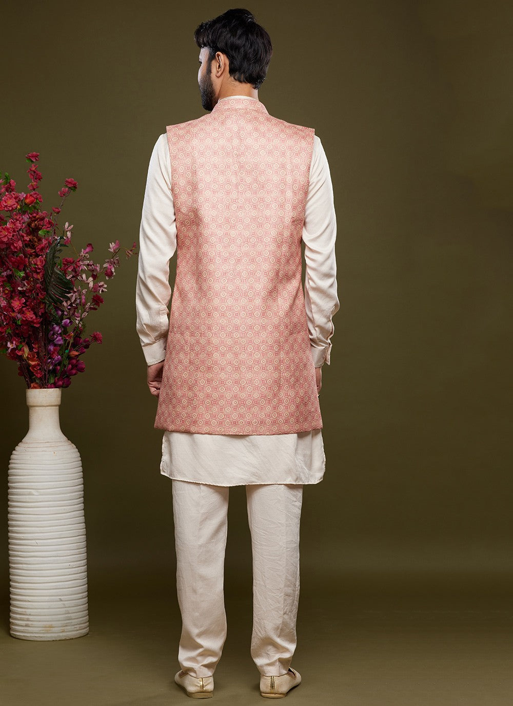 Digital Print Banarasi Silk Cream, Pink Kurta Payjama With Jacket - M6071
