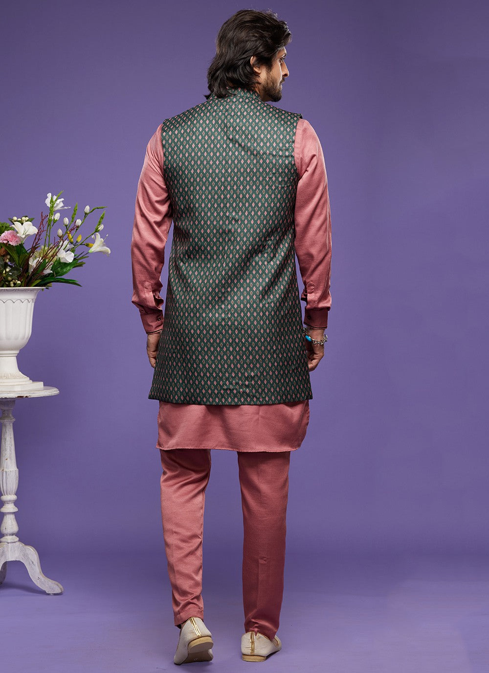 Digital Print Banarasi Silk Green, Pink Kurta Payjama With Jacket - M6063