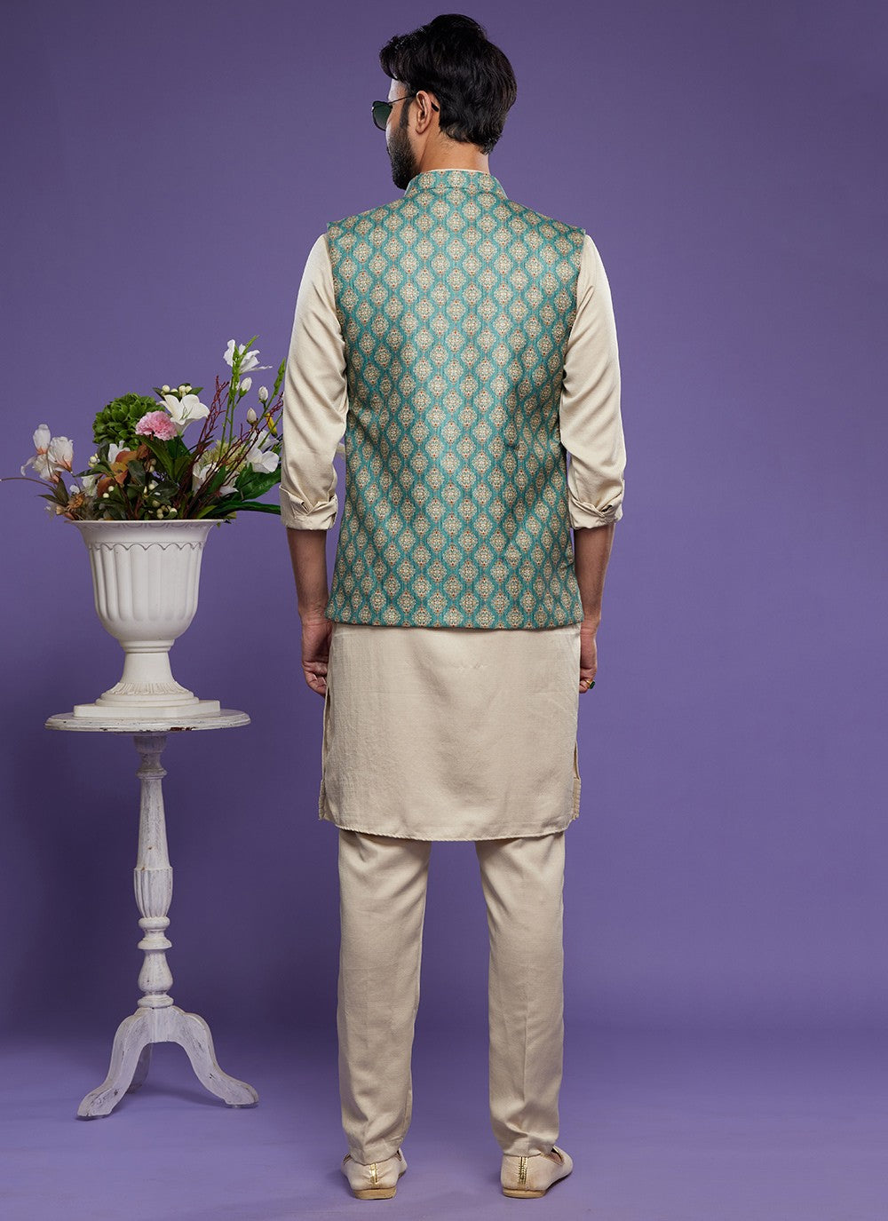 Digital Print Banarasi Silk Green Kurta Payjama With Jacket - M6075