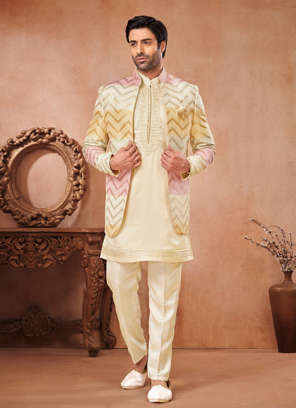 Embroidered Banarasi Silk Cream, Multi Colour Jodhpuri Suit - M6667