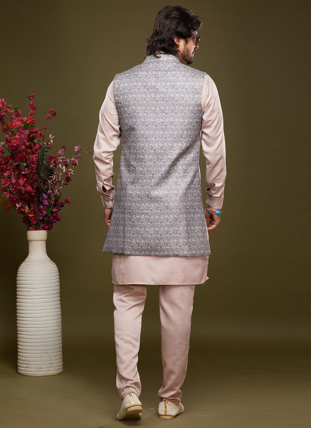Digital Print Banarasi Silk Grey, Pink Kurta Payjama With Jacket - M6068