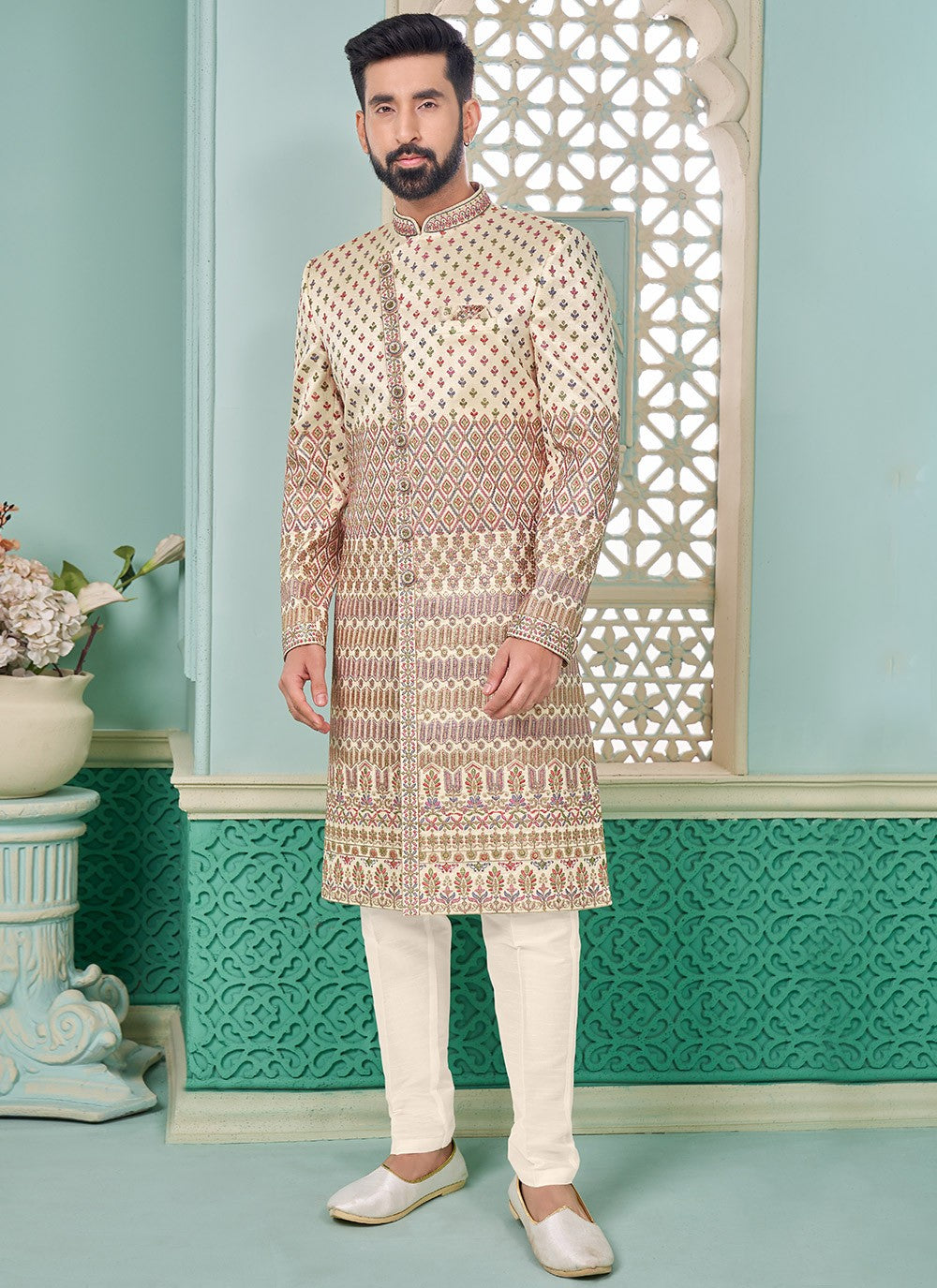 Embroidered Banarasi Silk Cream Indo Western - M7287