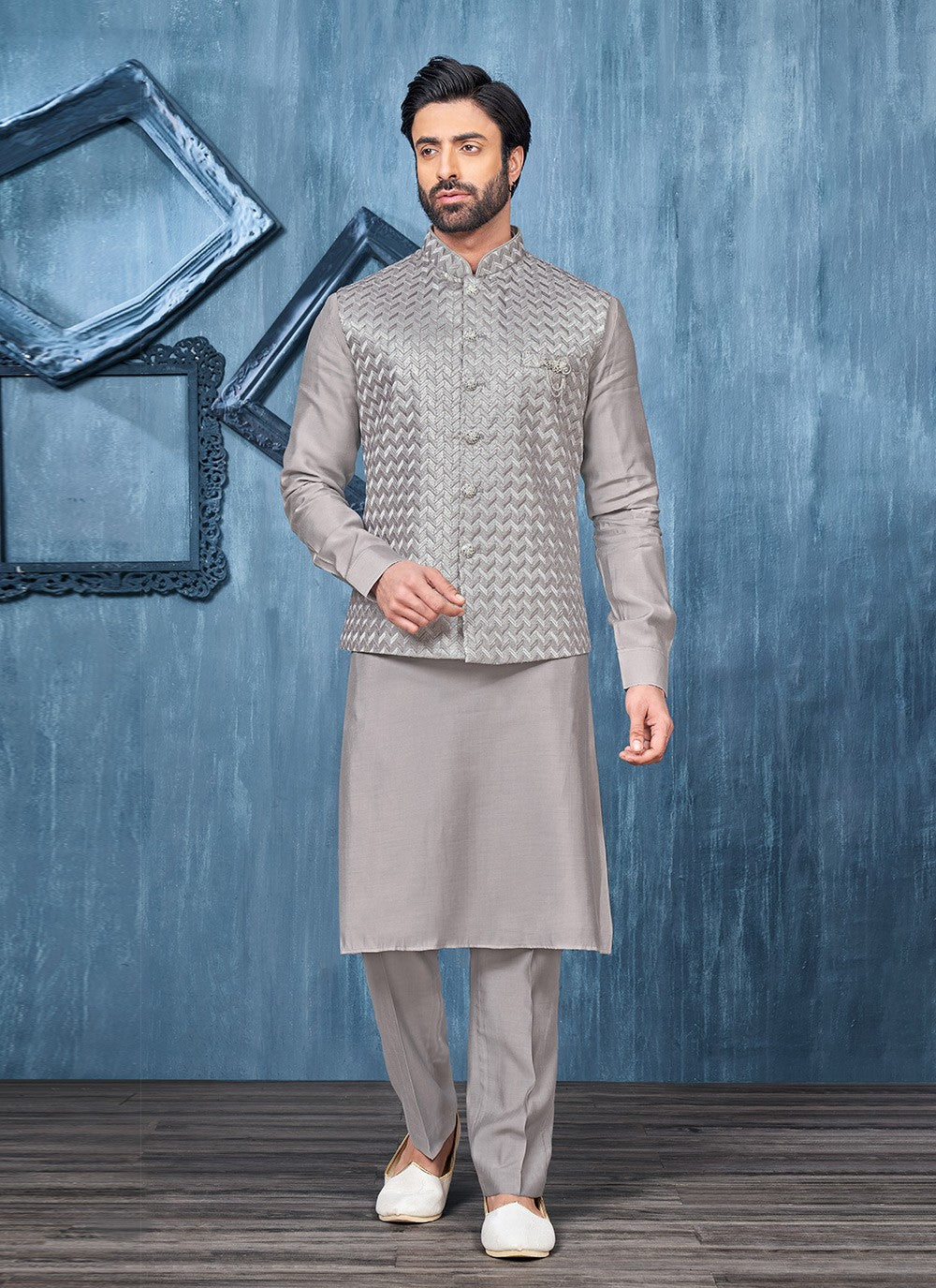 Embroidered Banarasi Silk Grey Kurta Payjama With Jacket - M6336
